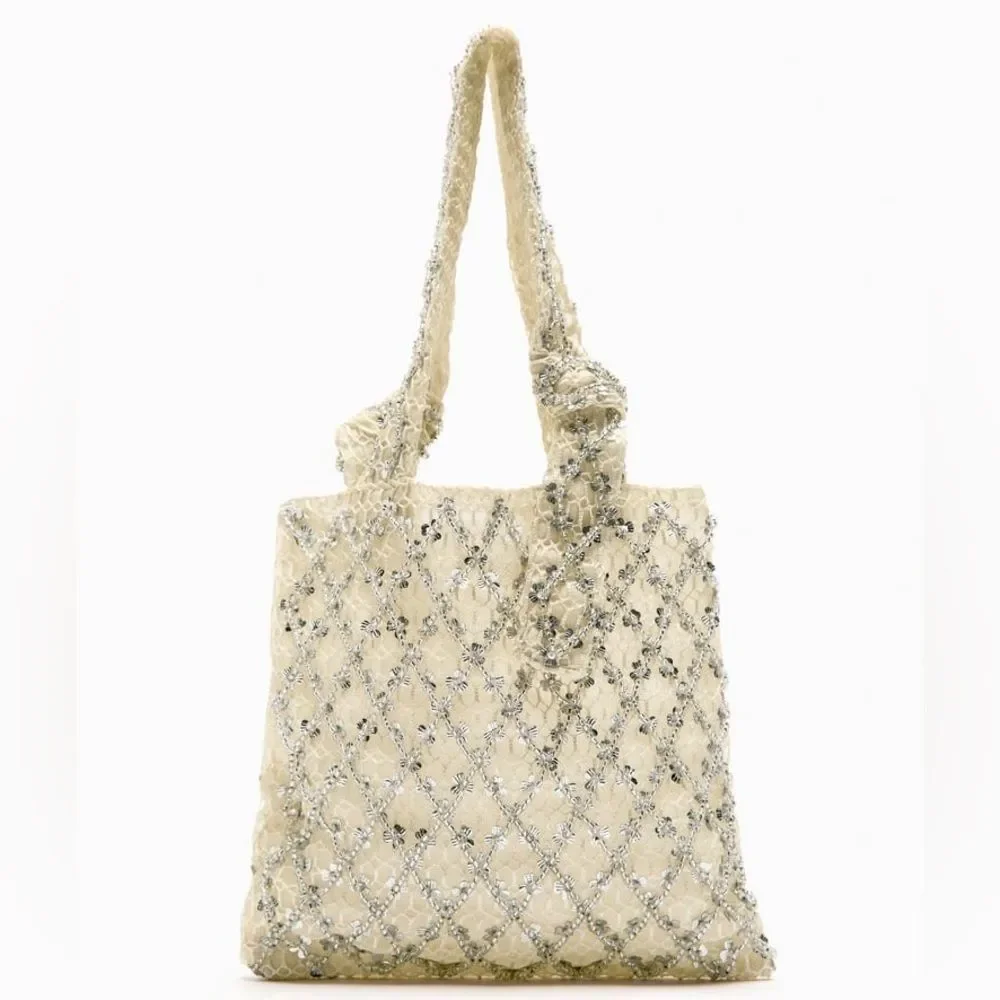 ZARA BOHO BEADED SEQUIN TOTE BAG